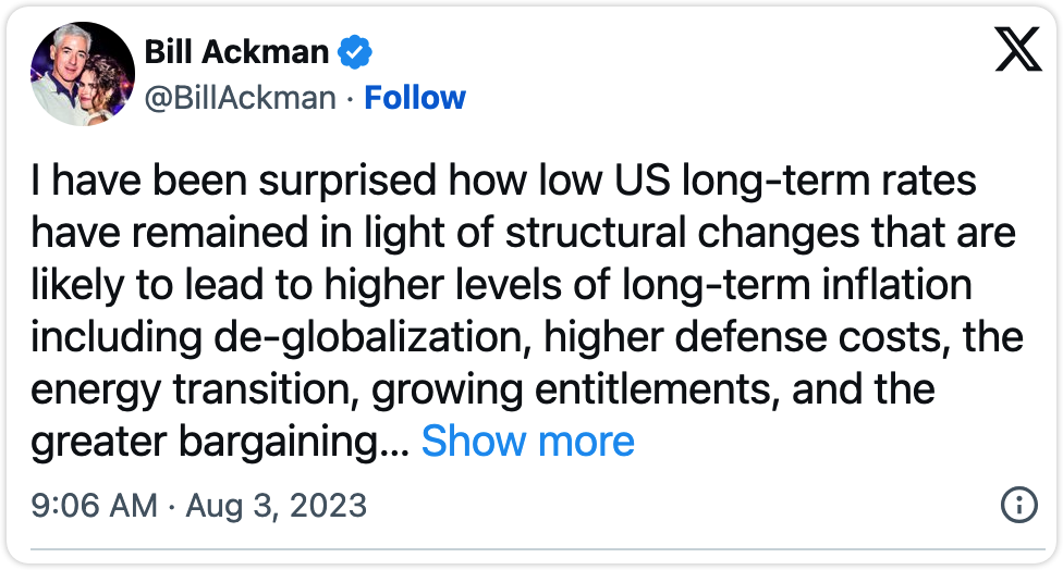 Bill Ackman：在X平台上宣布，关掉了国债空头头寸